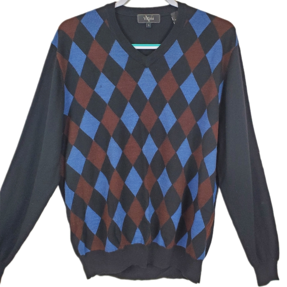 Villini Merino Wool Blend Black Argyle Vneck Sweater Knit L Mens Business Casual